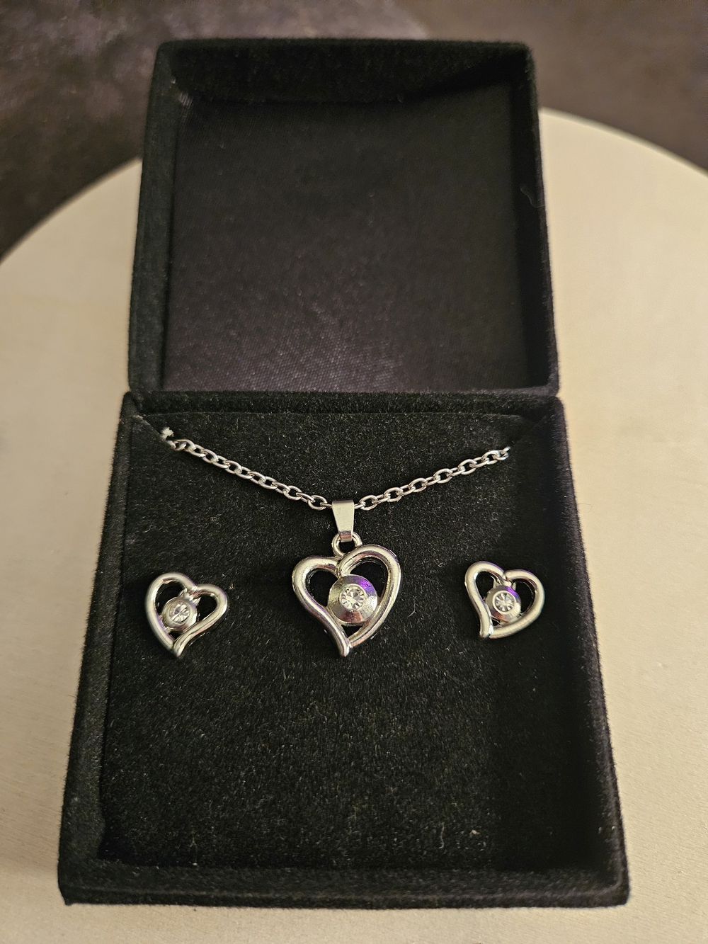 Silver Heart Necklace and Earring Set with Clear Crystals - Women Jewelry